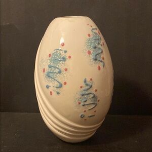 Postmodern Ceramic Egg Shape Vase with abstract Blue Squiggles and Red Dots